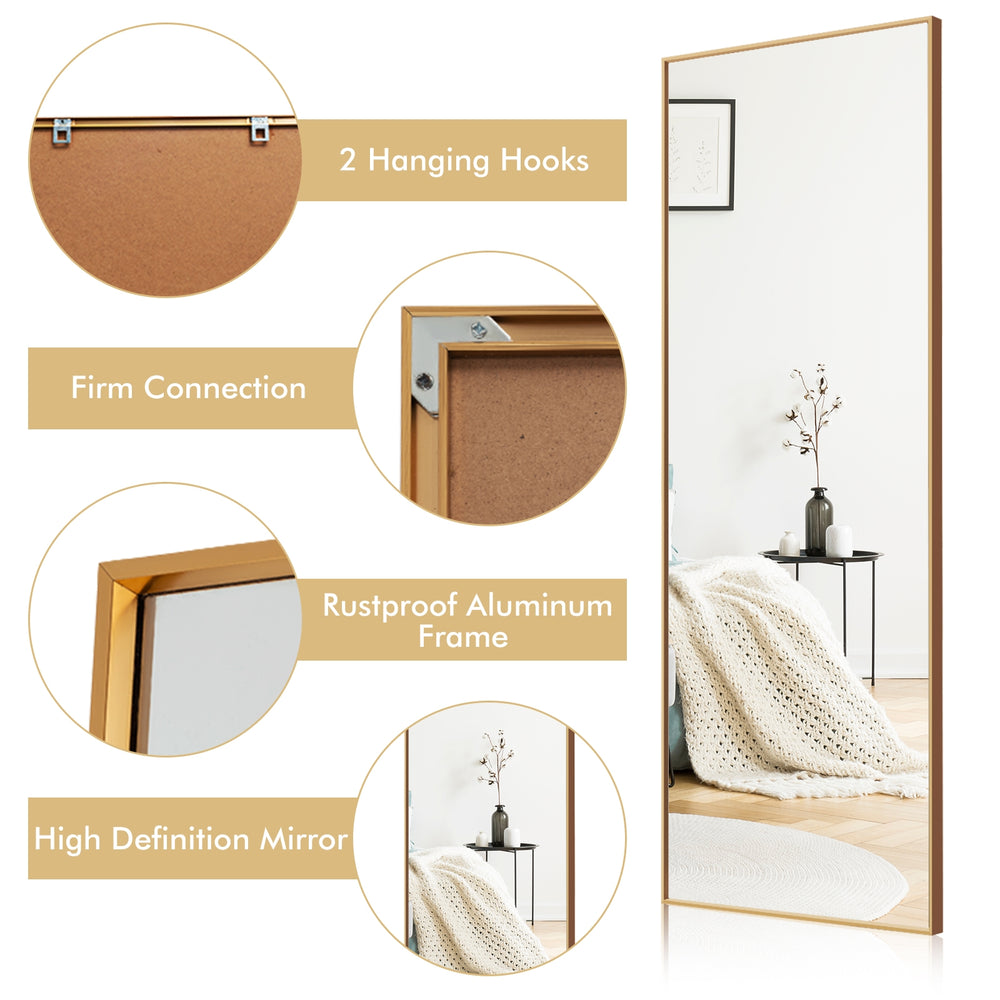 Full-length golden rectangle mirror with aluminum frame, MDF backing, and explosion-proof membrane for safe home decor.