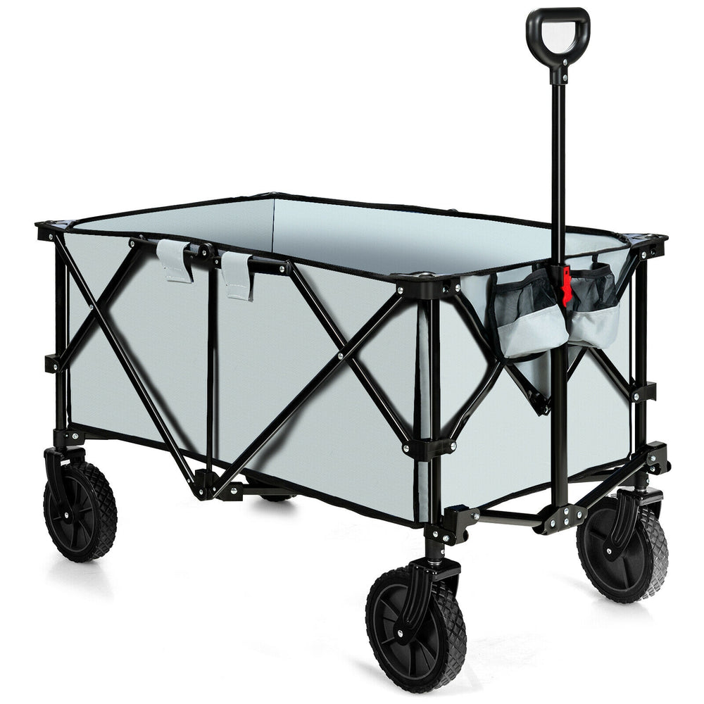 Gray outdoor folding wagon cart with adjustable handle and universal wheels, designed for easy transport and storage.