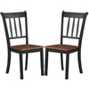 Two solid black spindle back dining chairs with rubber wood seats, perfect for dining rooms and kitchens.
