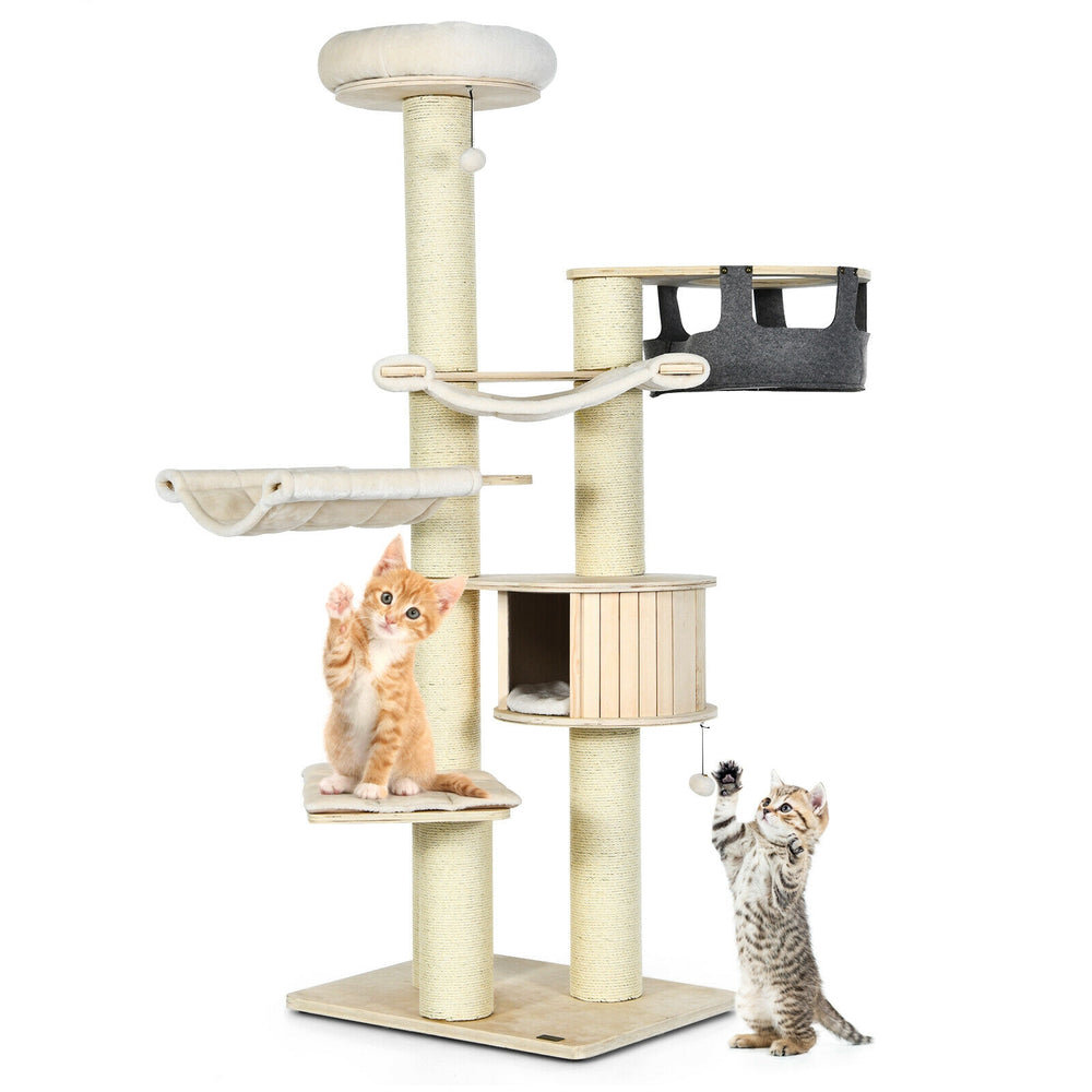 Multi-level cat tree condo in cream white with sisal posts, plush pads, and dangling fur balls for feline fun.