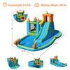 Inflatable water slide with bounce house and splash pool for kids, featuring a slide, basketball hoop, and ocean ball.