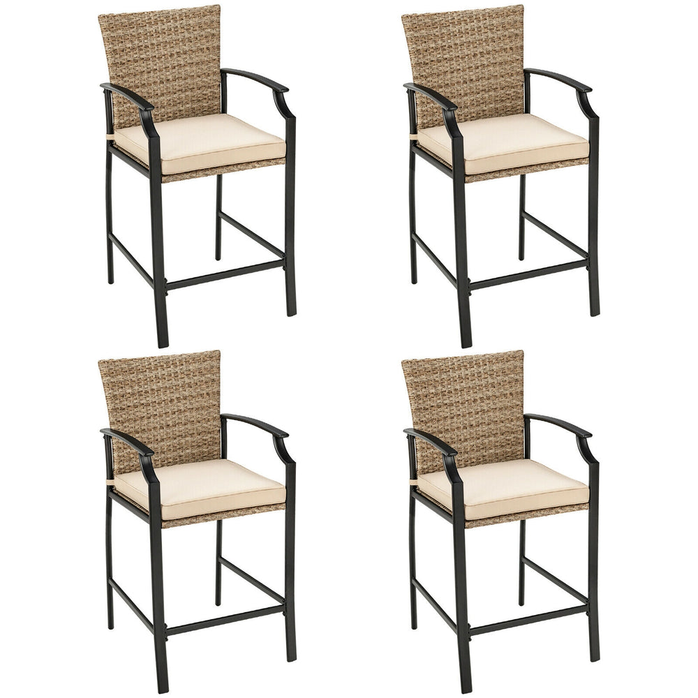 Set of four outdoor rattan bar stools with beige cushions, featuring a sturdy steel frame for poolside or garden use.