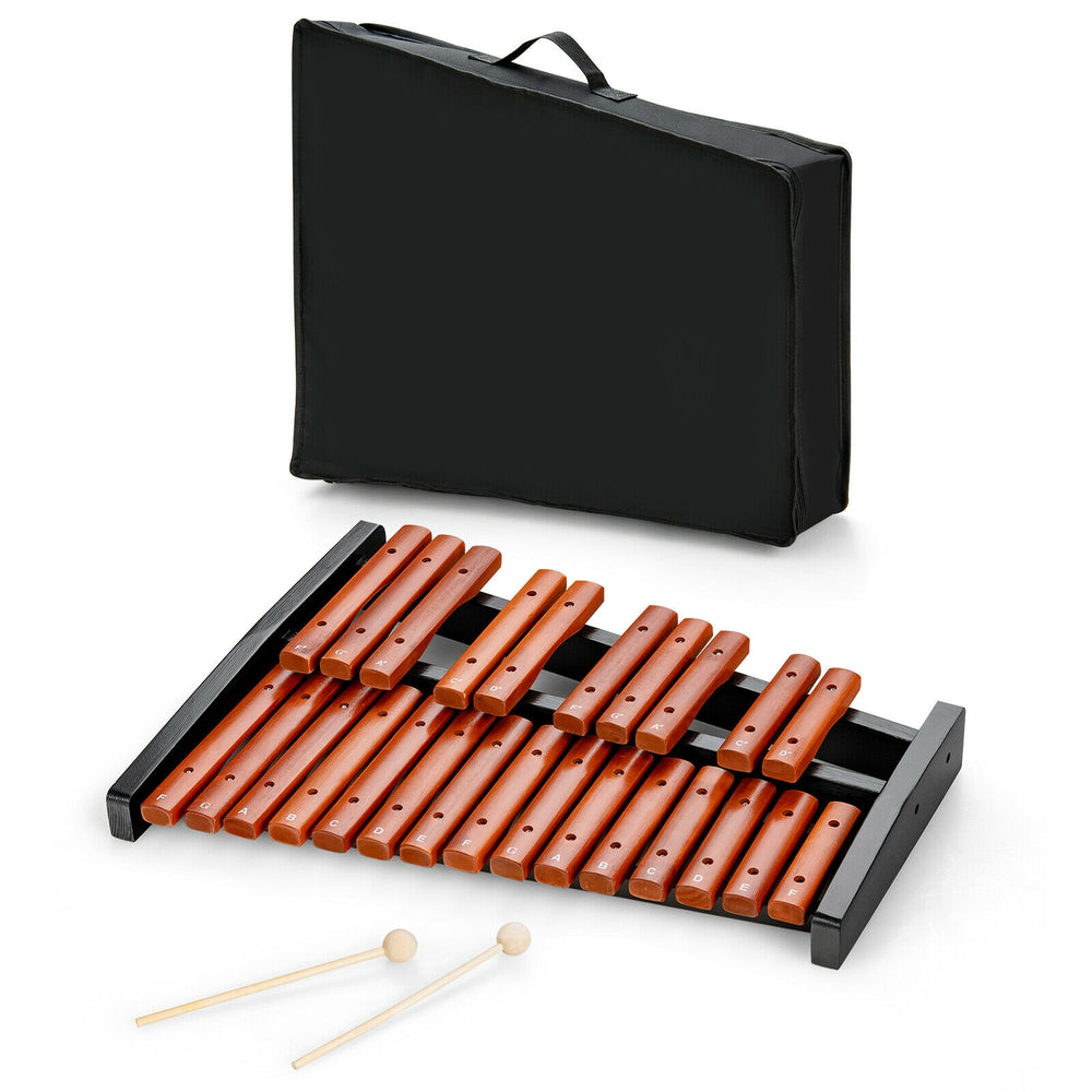 25-note wooden xylophone with mallets, durable hardwood keys, and carrying bag for music education and performances.