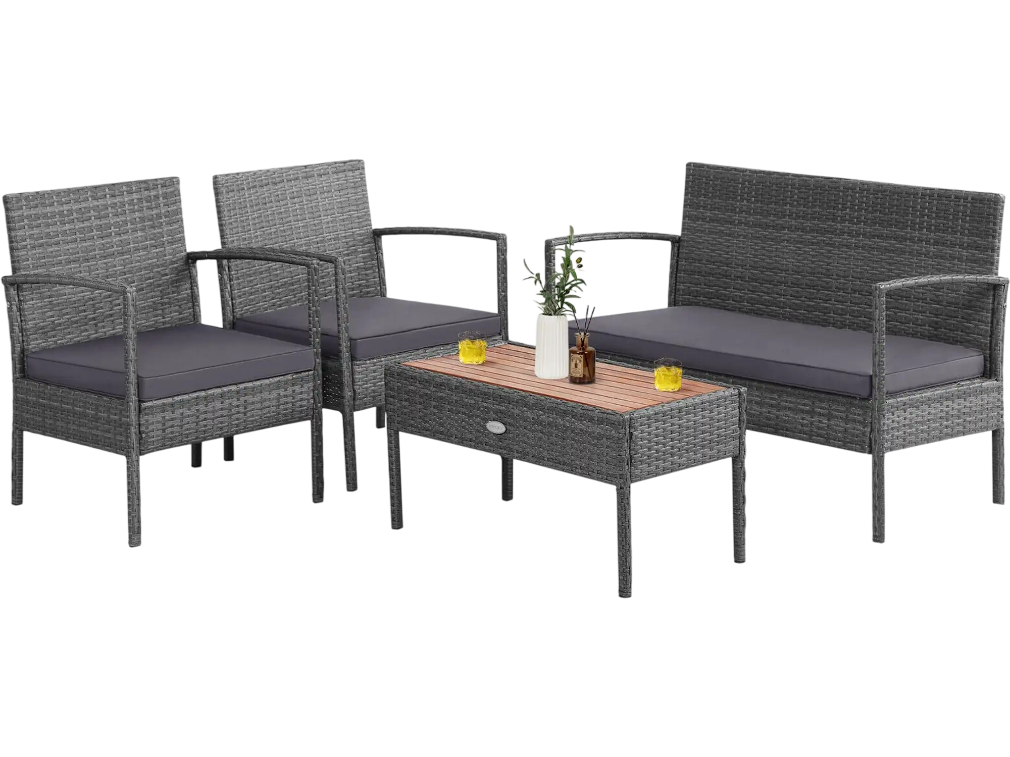 Costway 4-Pc Rattan Patio Conversation Furniture Set Acacia Wood Tabletop 01798264 New