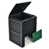80-gallon outdoor composter with large open lid and bottom exit door for easy access and efficient composting.