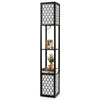 Freestanding floor lamp with storage shelf, featuring a modern design, double lamp pull chain, and foot switch for easy.