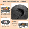 Round 35.5-inch patio fire pit dining table with BBQ grate, ice bucket, and spark cover for outdoor gatherings.