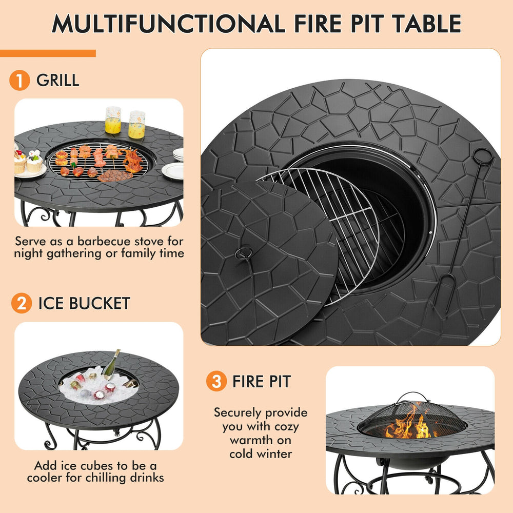Round 35.5-inch patio fire pit dining table with BBQ grate, ice bucket, and spark cover for outdoor gatherings.
