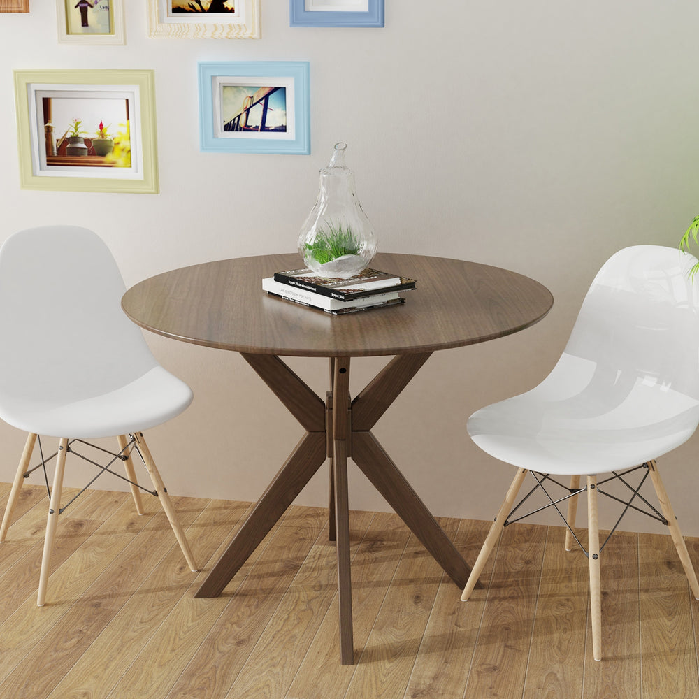 Round wood dining table with intersecting pedestal base, 36 inches, ideal for family gatherings and versatile decor.