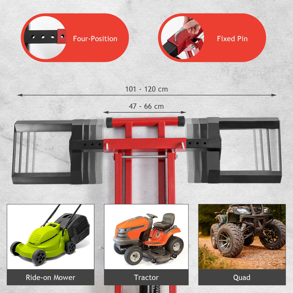 Hydraulic lawnmower lift jack with adjustable width and height, designed for tractors and zero turn mowers, supports.