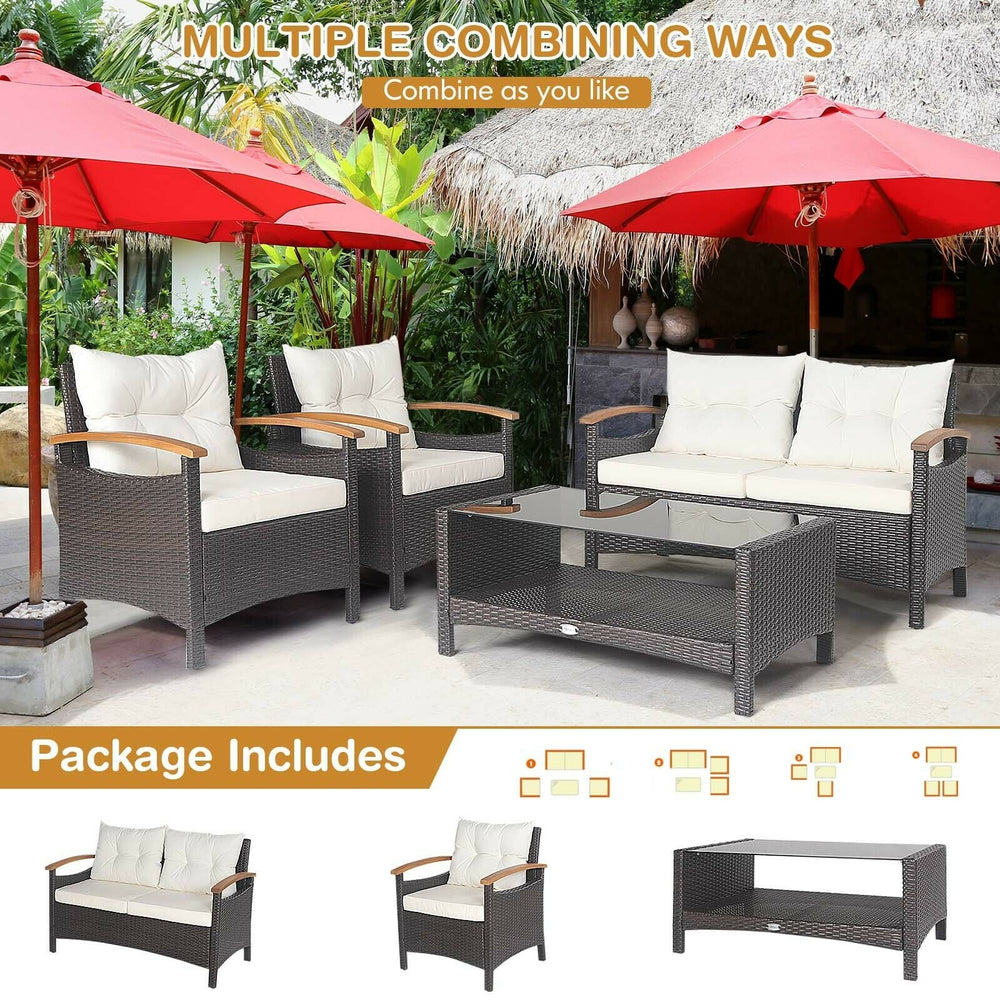 4-piece patio rattan furniture set with cushioned loveseat and coffee table, perfect for outdoor relaxation.