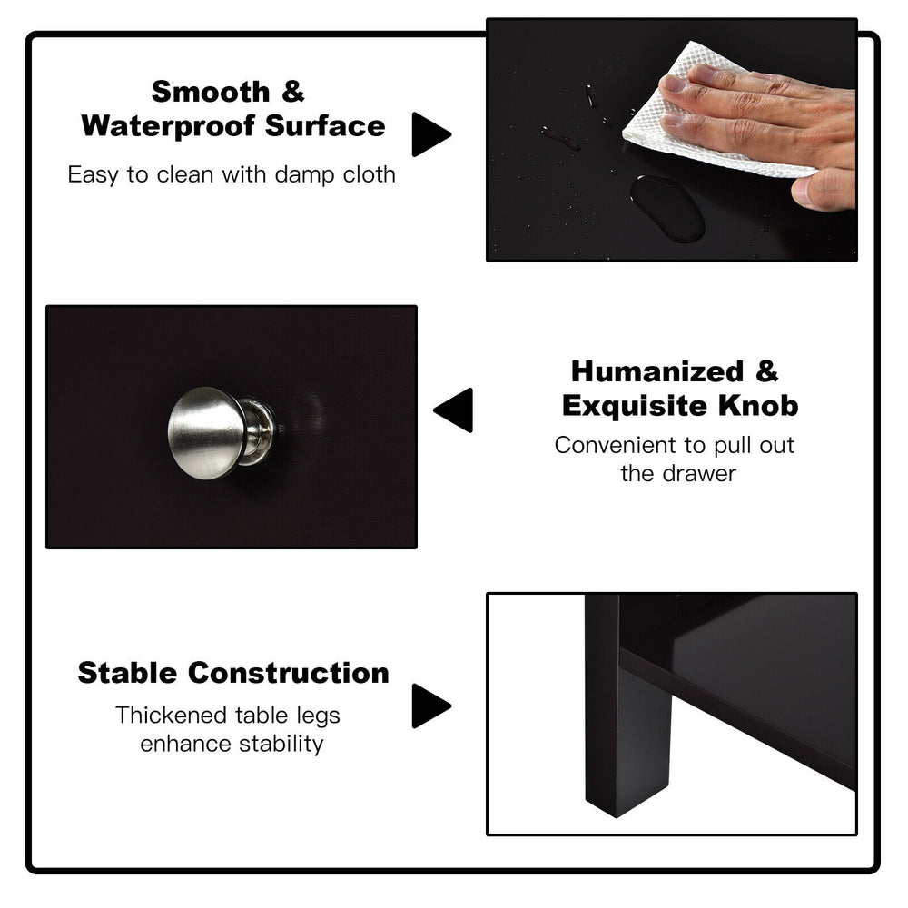 Wooden storage shelf with drawer in black, featuring a smooth surface, round knob, and stable construction for.