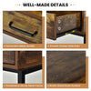 Close-up of the rustic wood grain surface and sturdy metal frame of the Industrial Vanity Table in bag-brown finish.