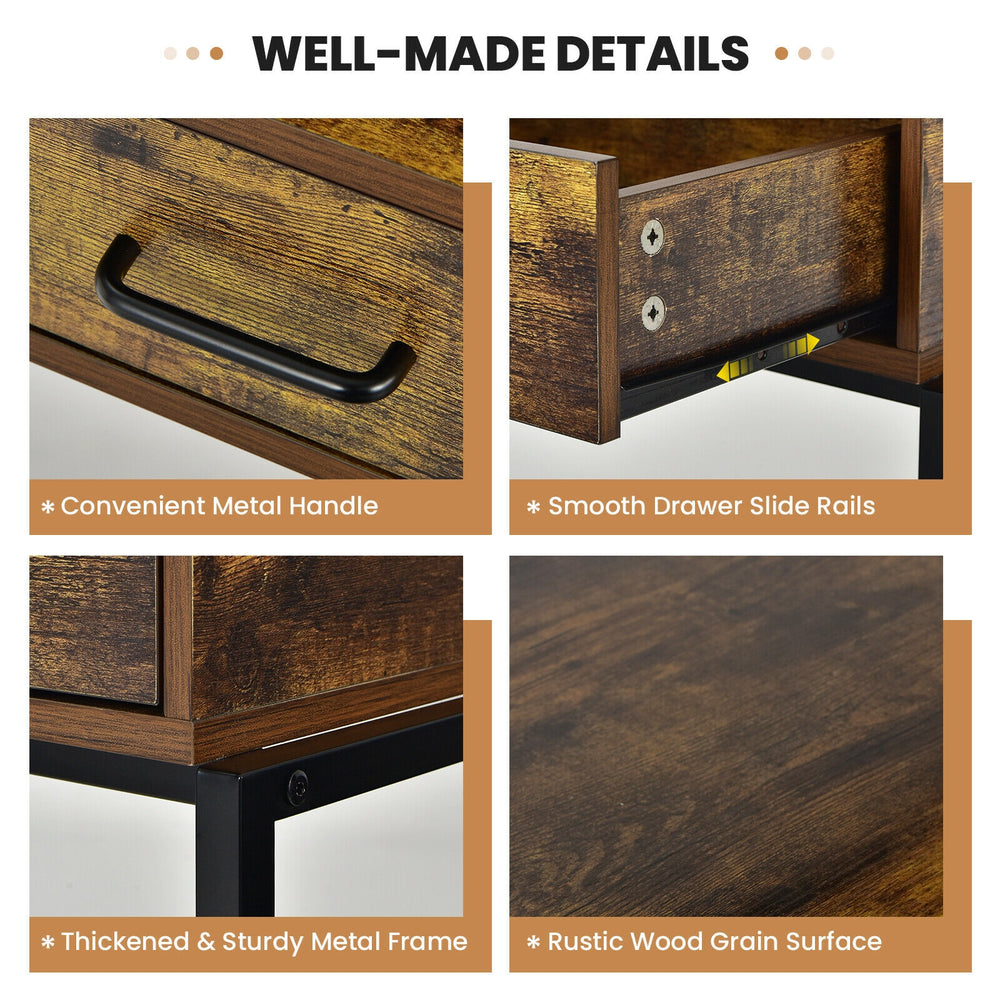 Close-up of the rustic wood grain surface and sturdy metal frame of the Industrial Vanity Table in bag-brown finish.