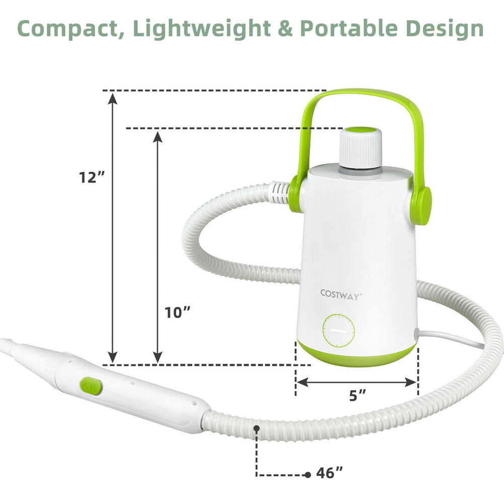 Compact 1000W handheld steam cleaner with 10 accessories, featuring a 12-minute steam time and easy-grip handle for.