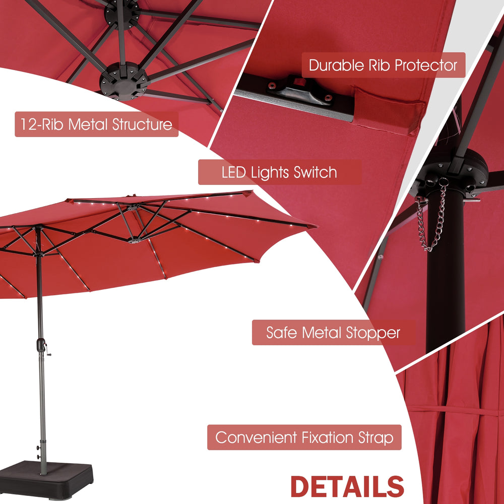 Close-up of the 15 Feet Twin Patio Umbrella's durable rib structure and LED lights, perfect for outdoor gatherings.