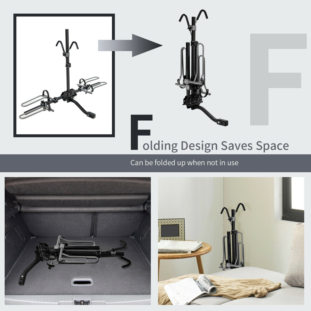 Folding 2-bike hitch mount bike rack in black, adjustable for various bike sizes, ideal for compact storage.