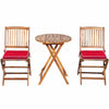Folding acacia wood chair with red padded cushion, designed for ergonomic comfort and easy outdoor storage.