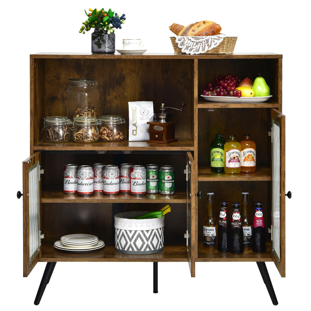 Rustic brown buffet storage cupboard showcasing 2 open compartments and 2 door cabinets for versatile kitchen.