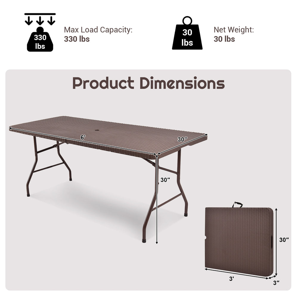 6 feet folding portable rattan table with carrying handle, sturdy steel, waterproof, ideal for easy storage and.