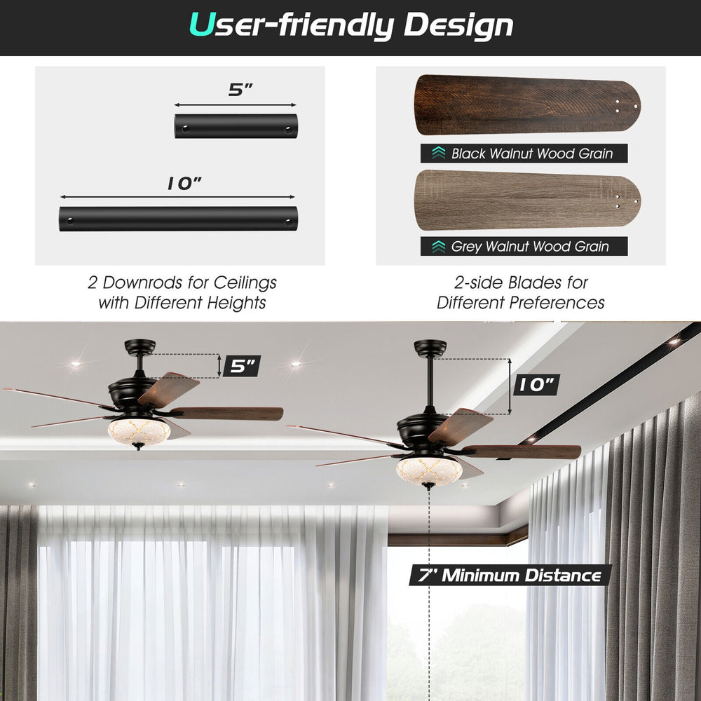 52-inch black ceiling fan with 5 reversible blades, 3 speeds, and 2 downrods for versatile ceiling heights.