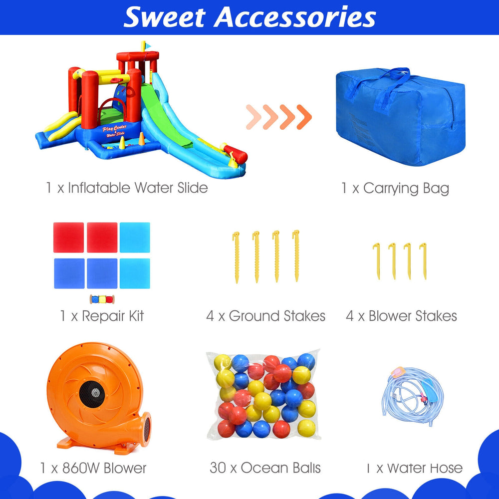 Inflatable water slide bounce house accessories including blower, repair kit, stakes, and ocean balls for summer fun.