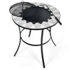 Round fire pit table with mesh cover and fire poker, featuring a durable steel frame and decorative patterns for.