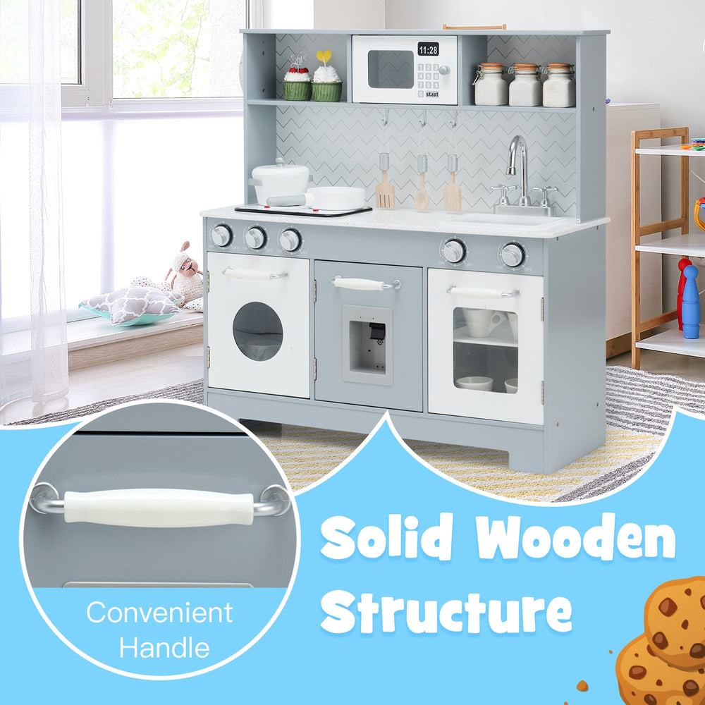 Pretend play kitchen toy set with solid wooden structure, realistic light and sound features, perfect for kids'.
