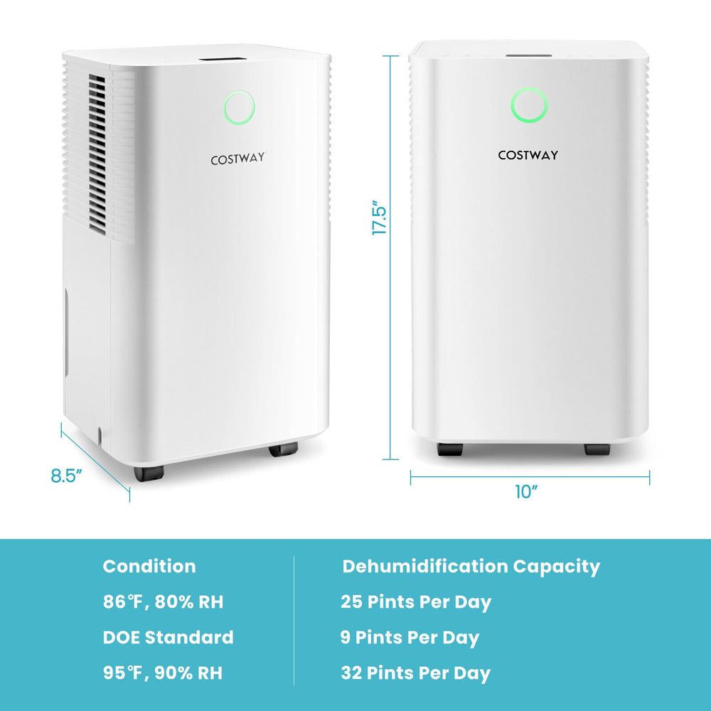 1750 Sq. Ft. dehumidifier in white, removing up to 32 pints daily, featuring auto defrost and 24-hour timer.