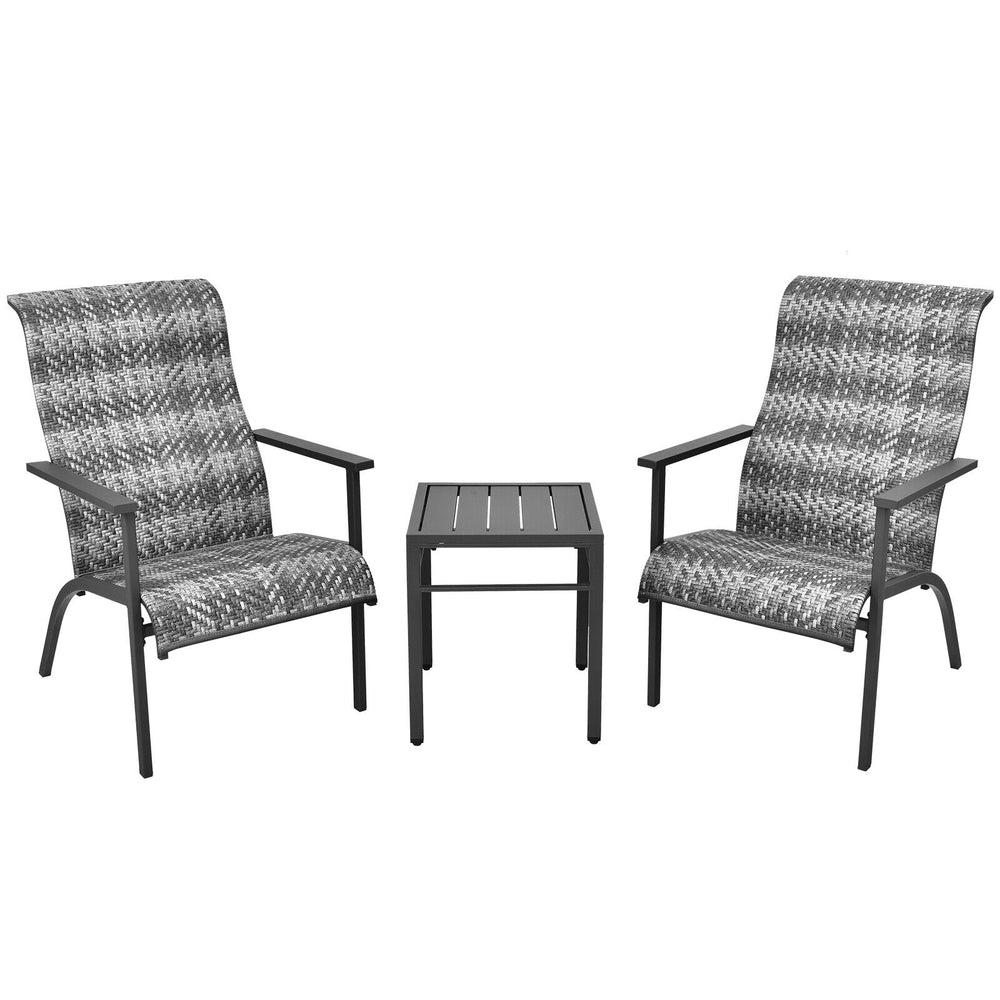 3-piece patio bistro set with gray PE rattan chairs and compact table, perfect for outdoor relaxation in gardens or.