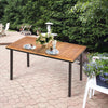 Acacia wood patio dining table with slatted surface and umbrella hole, perfect for outdoor gatherings in your backyard.