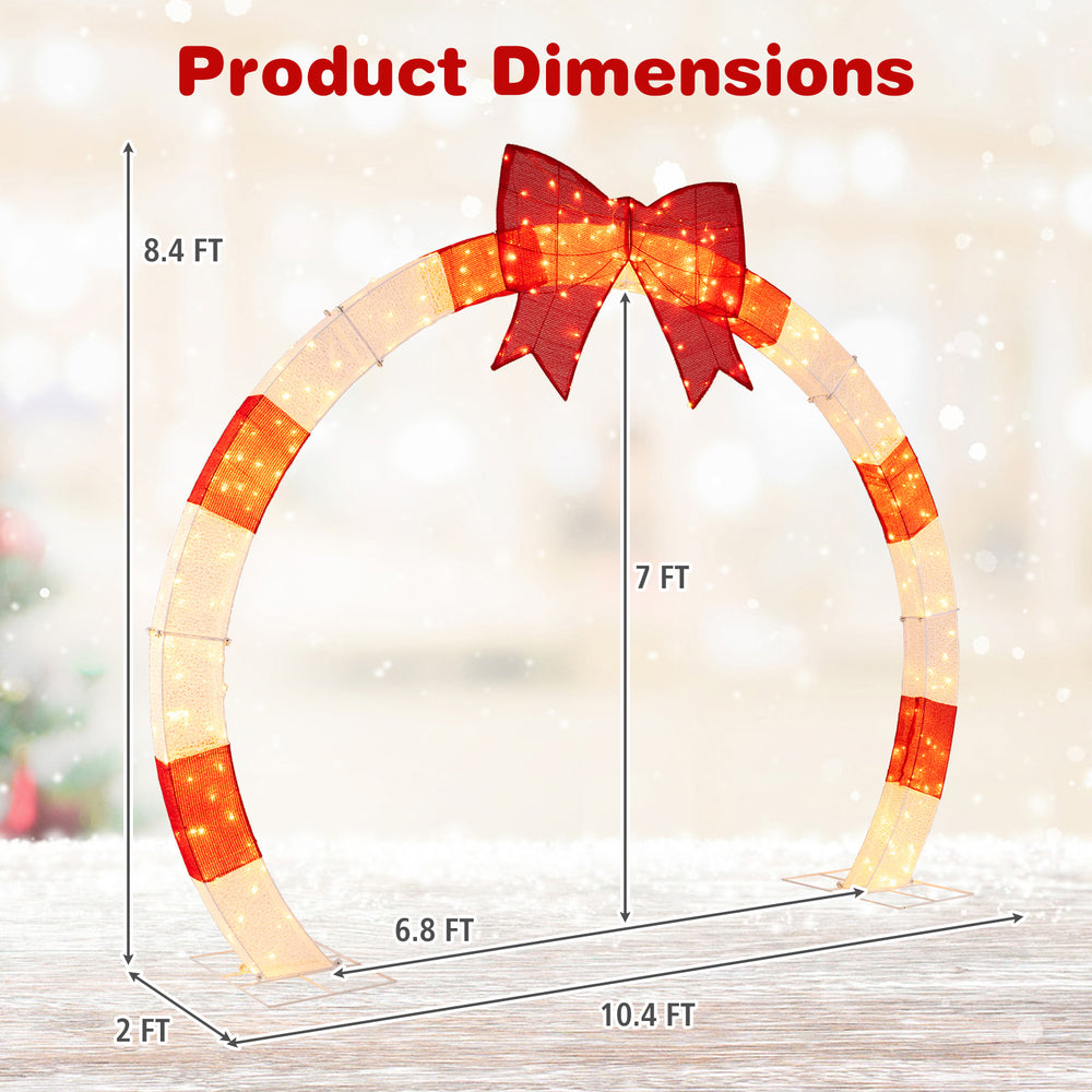 Dimensions of the 10.4 Feet Christmas archway with large bow and LED lights, ideal for yards and gardens.