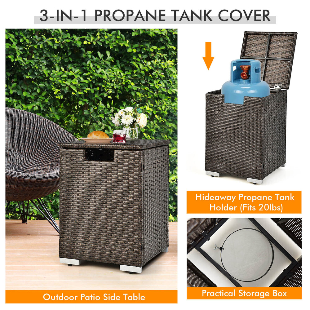 Brown rattan propane tank holder and side table with lid, designed for outdoor use and storage convenience.