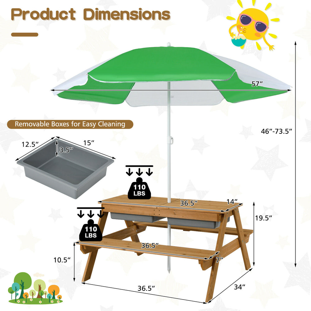 3-in-1 kids outdoor picnic table with green umbrella, removable play boxes for sand and water, ideal for yard fun.