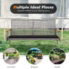 Spacious 2-person patio wicker hanging swing chair with gray PE rattan and acacia wood armrests for outdoor relaxation.