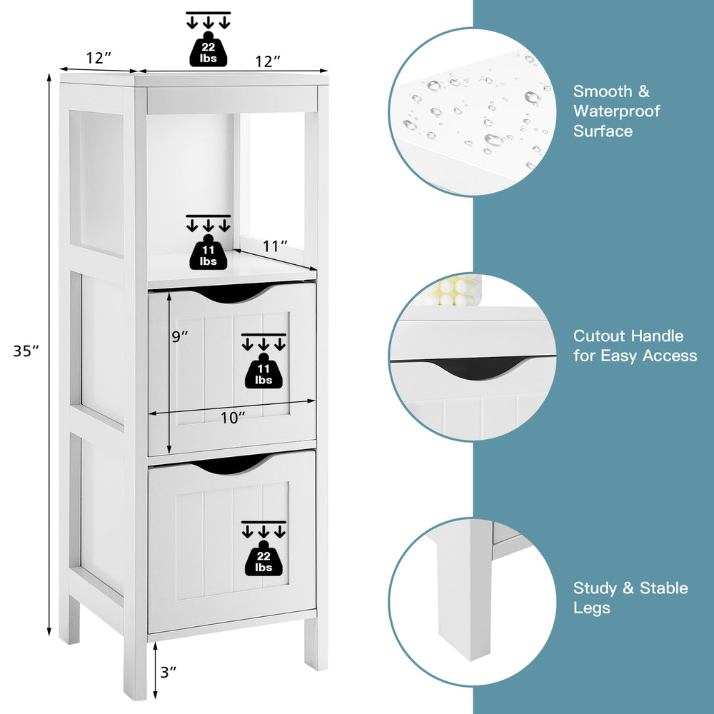 Freestanding white storage cabinet featuring a smooth waterproof surface and cutout handles for easy access and.