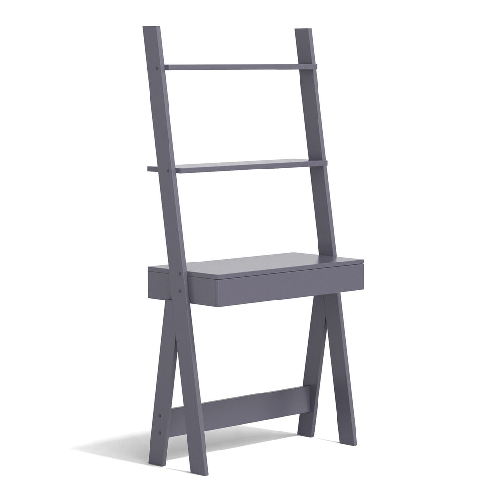Ladder Shelf Desk Bookcase with Countertop, Drawer and 2 Shelves-Gray - Gallery View 1 of 16