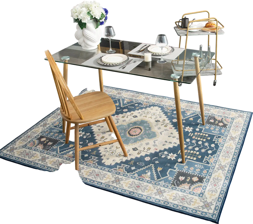 Faux wool fabric area rug with intricate pattern, ideal for dining room or living room, offering comfort and easy.