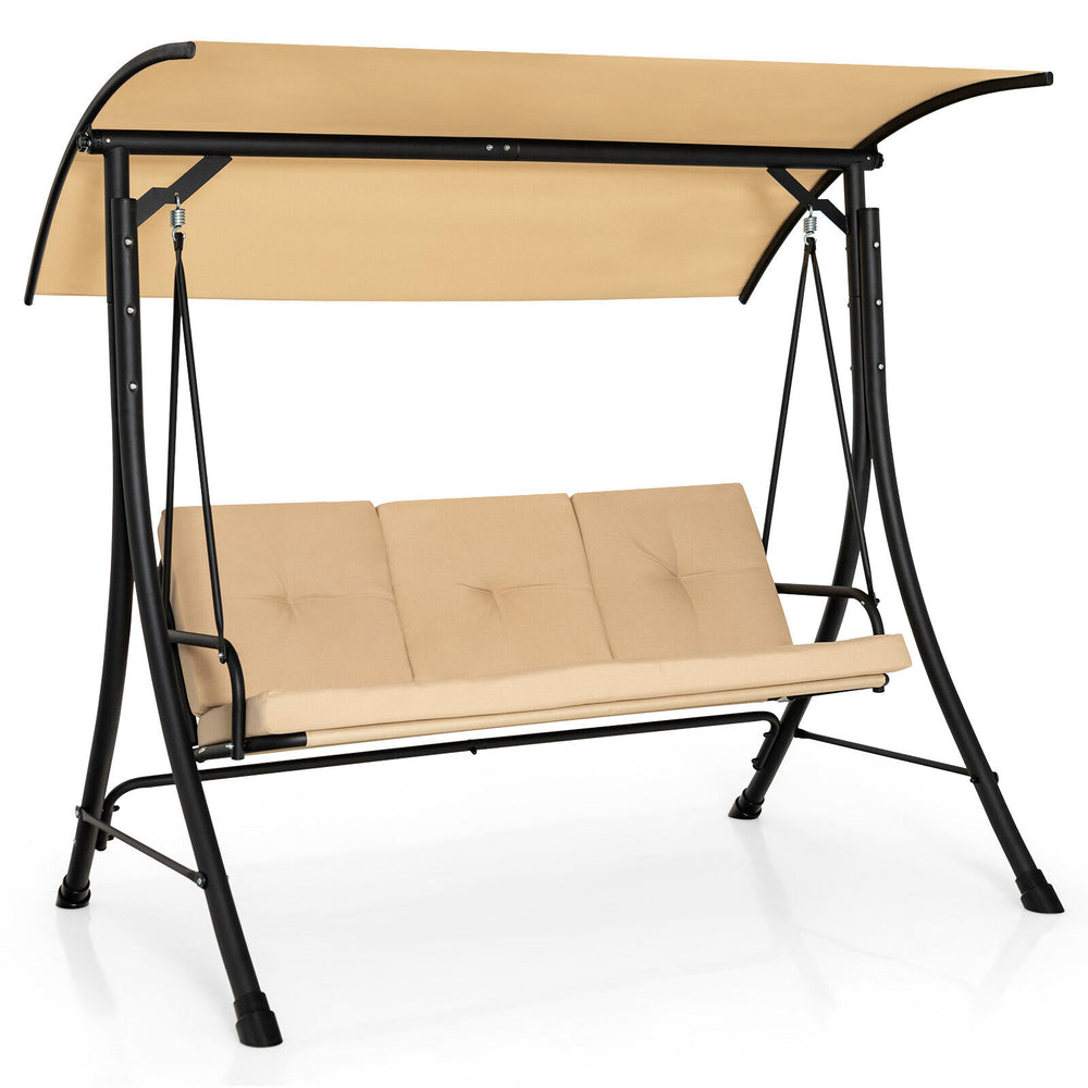 Close-up of the heavy-duty steel frame of the 3-seat outdoor porch swing, designed for long-lasting outdoor use.