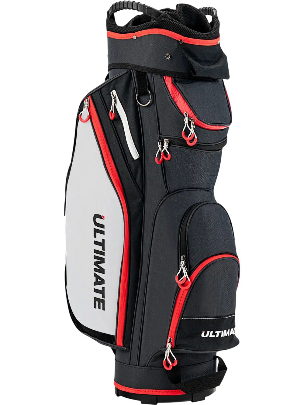 Golf cart bag in black with red accents, featuring 14-way dividers and 8 zippered pockets for organized storage.
