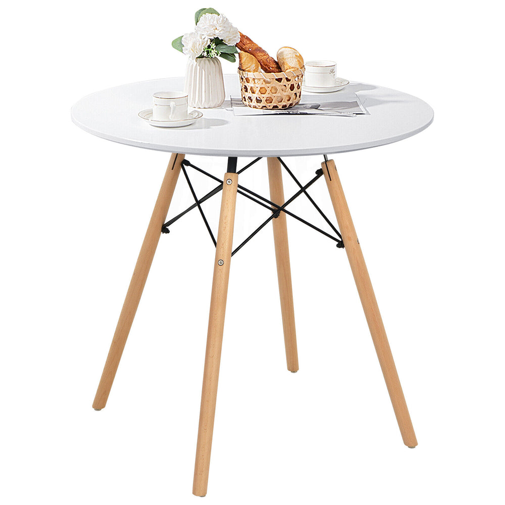Round modern dining table with solid beech wood legs, 31.5-inch white tabletop, ideal for dining or working in compact.