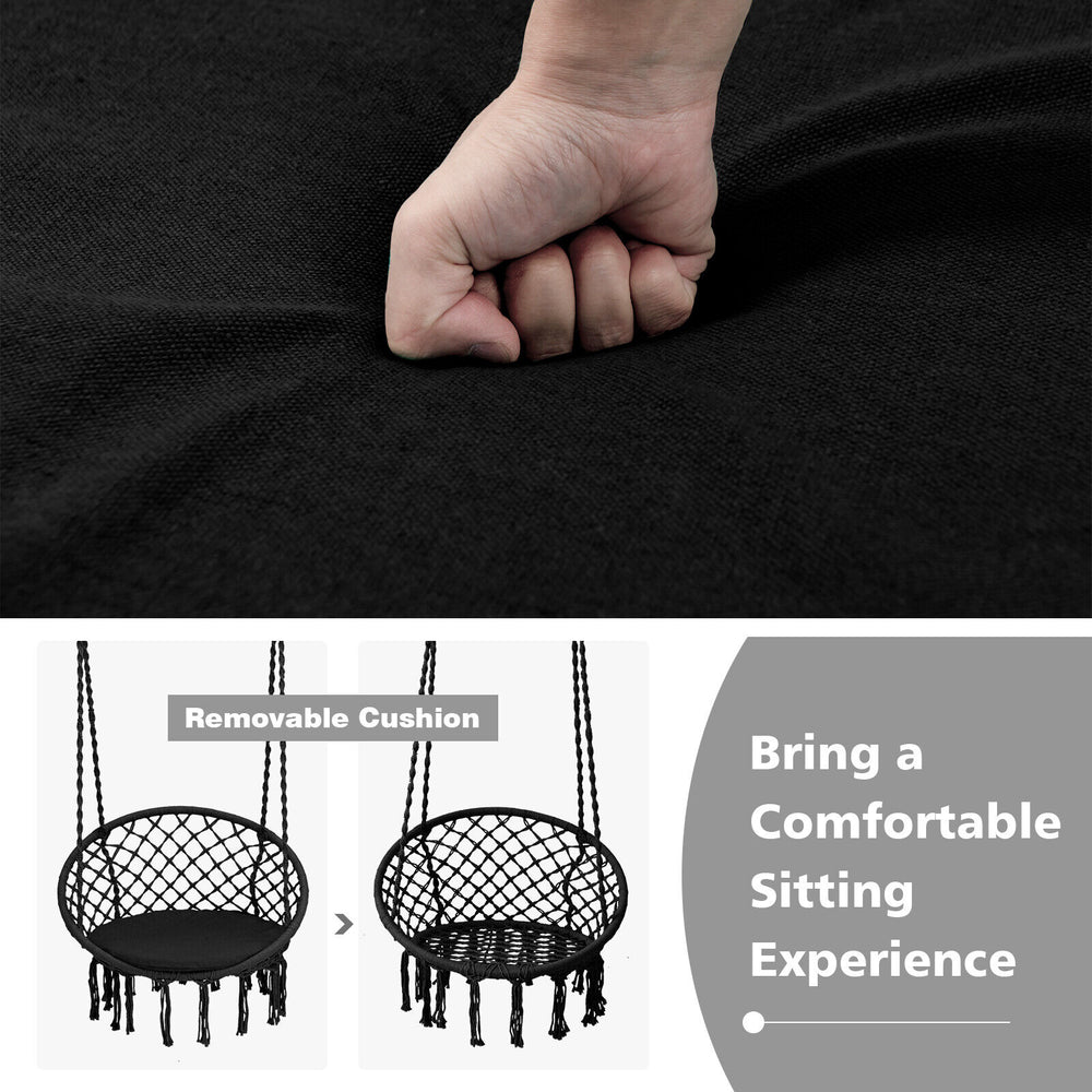 Close-up of the cushioned hammock swing chair in black, showcasing the soft padded cushion for ultimate comfort.