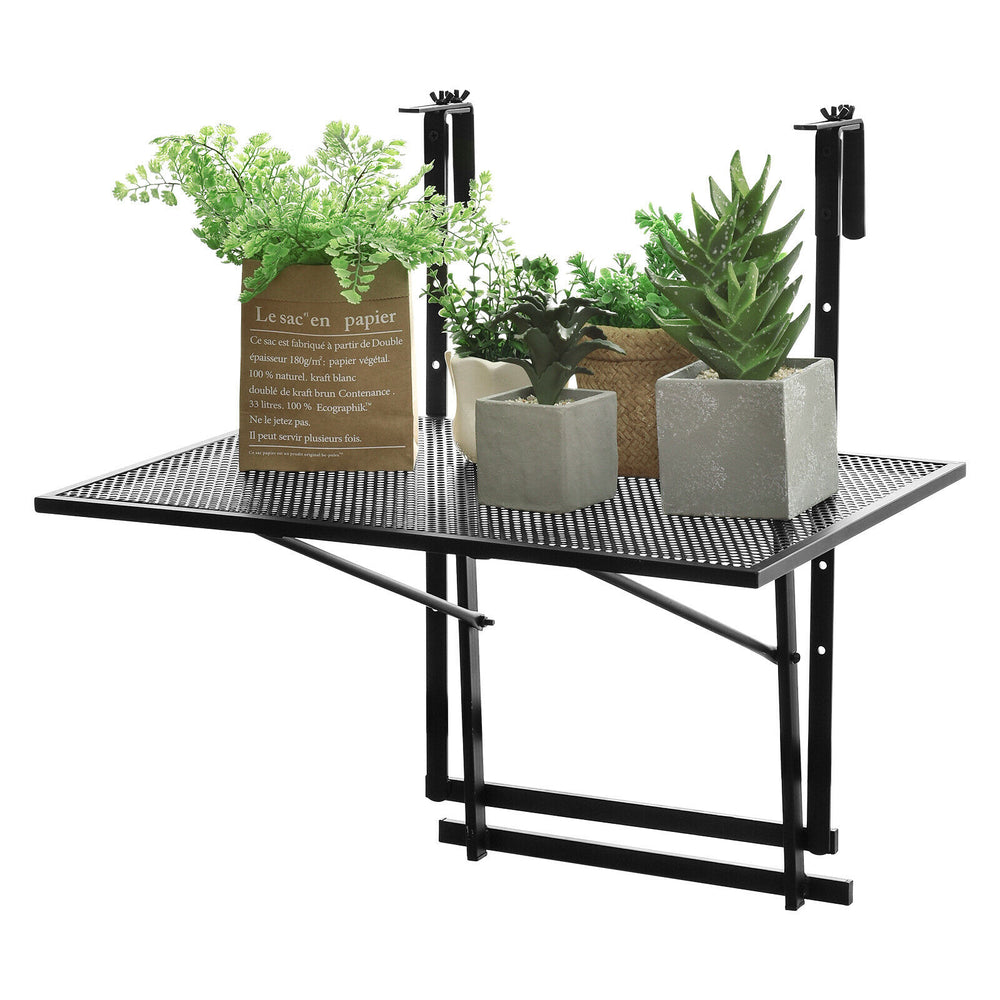 Folding railing table with adjustable heights, featuring a sturdy iron design, ideal for flower pots and sundries.