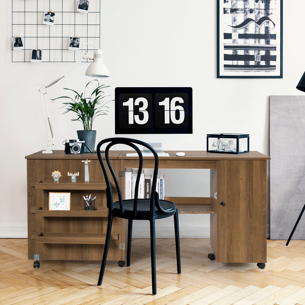Folding Sewing Table Shelves Storage Cabinet Craft Cart with Wheels-Natural - Gallery View 1 of 10