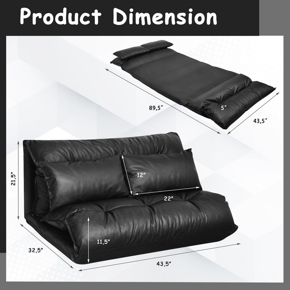 Dimension chart of foldable black PU leather leisure sofa bed with two pillows, showcasing adjustable positions and.