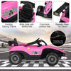 Pink 12V kids ride-on electric Formula racing car with safety belt, remote control, and shock-absorbing wheels for fun.