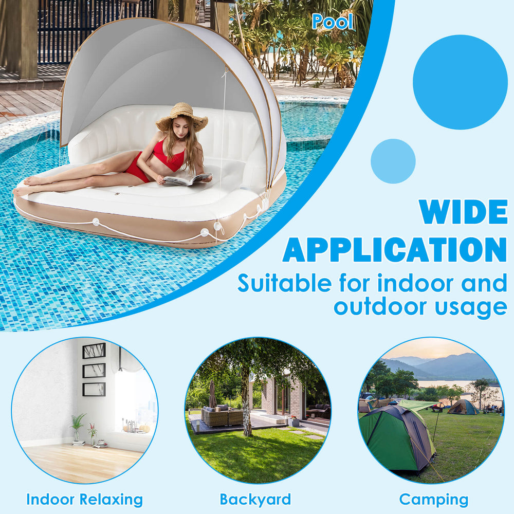 Inflatable pool float lounge with detachable sunshade, cup holders, and ergonomic design for outdoor relaxation.