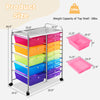 15-drawer rolling storage cart with colorful plastic bins, metal frame, and wheels for easy mobility in home or office.