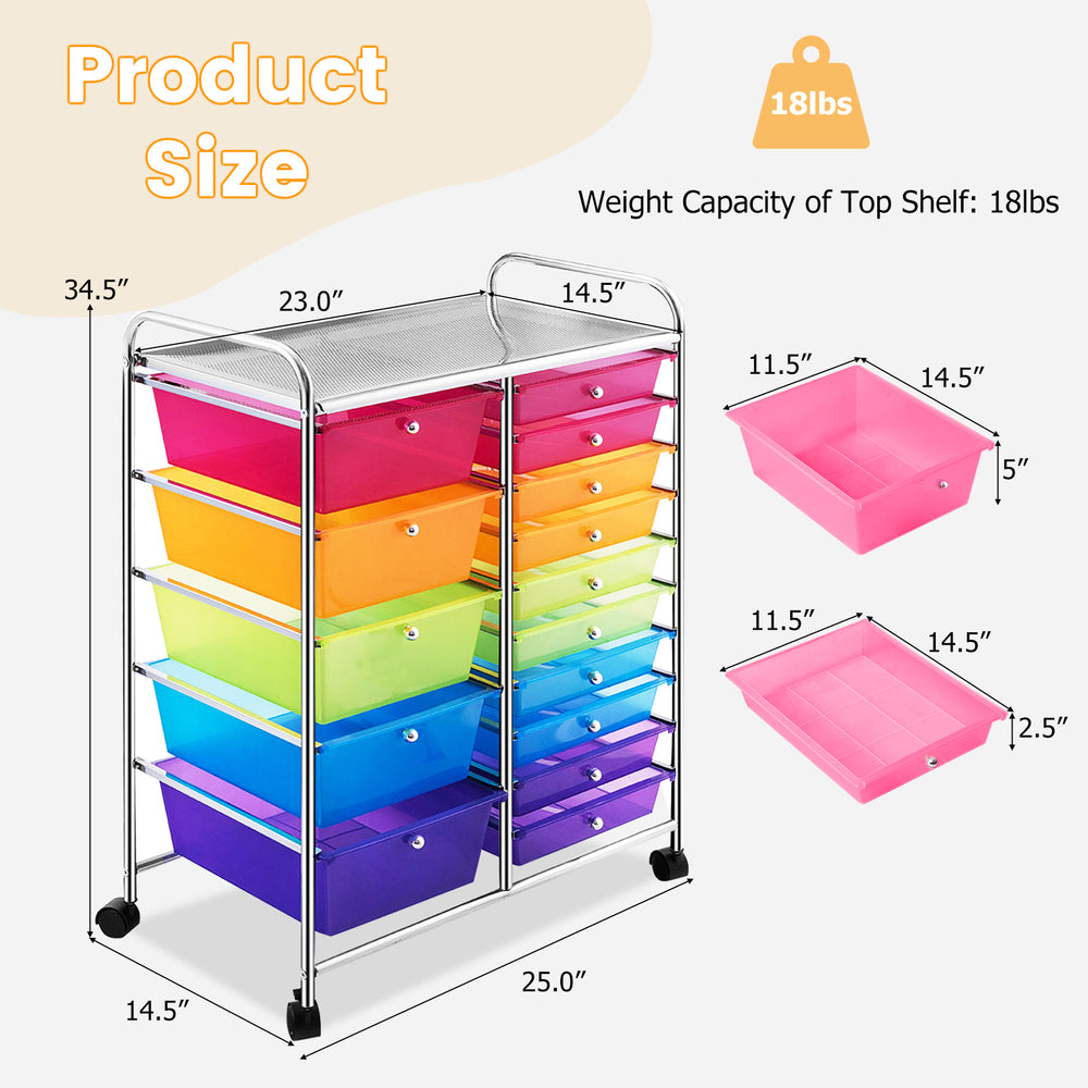 15-drawer rolling storage cart with colorful plastic bins, metal frame, and wheels for easy mobility in home or office.