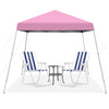 Pink 10 x 10 feet outdoor pop-up canopy with two striped chairs and a table, perfect for camping and gatherings.